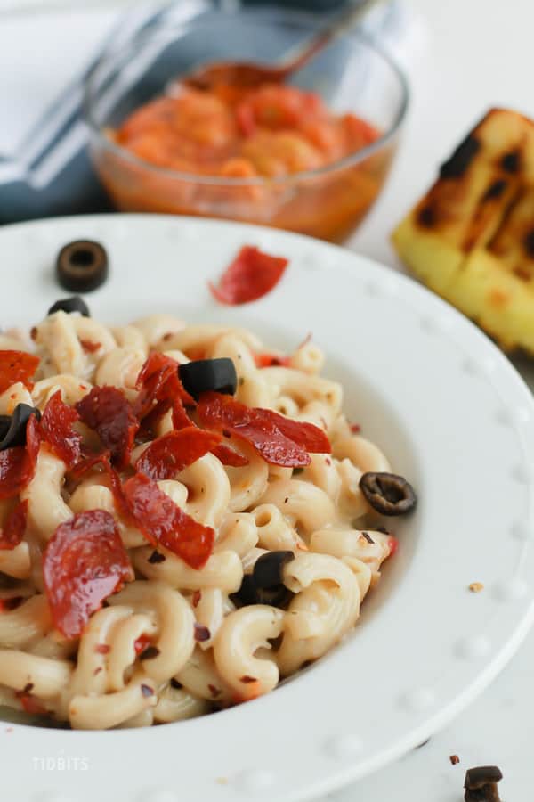 A bowl of Pressure Cooker Pizza Mac and Cheese: Healthy, creamy Mac and cheese