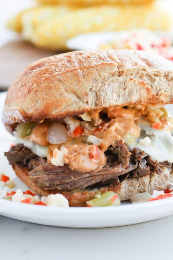 Tasty, Juicy, flavorful Pressure Cooker AKA Instant Pot, Pepperoncini Beef sandwiches with pickled veggies and an incredible Creamy chipotle mayo