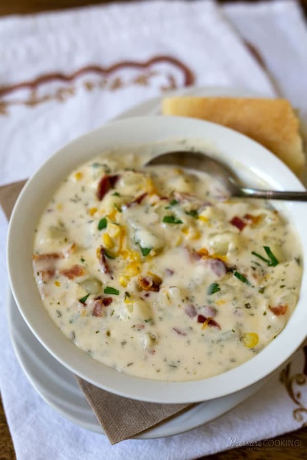 A bowl of potato cheese soup