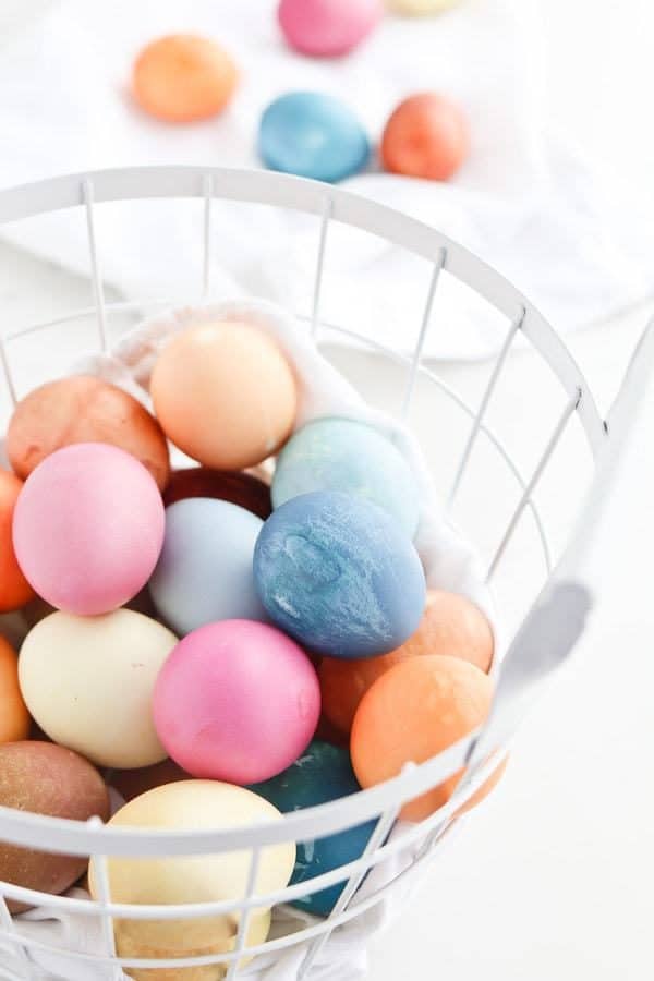 Basket of naturally dyed hardboiled eggs made in Instant Pot Pressure Cooker