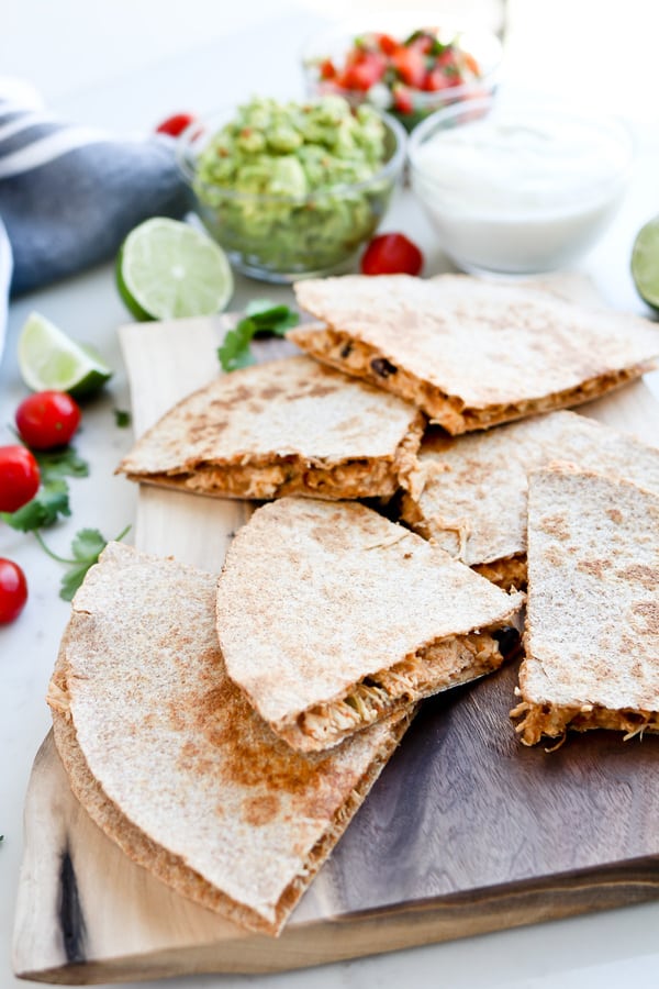 Instant Pot Mexican Inspired Healthy Crack Chicken on a quesadilla