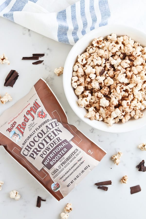Instant Pot Chocolate Popcorn in a white bowl