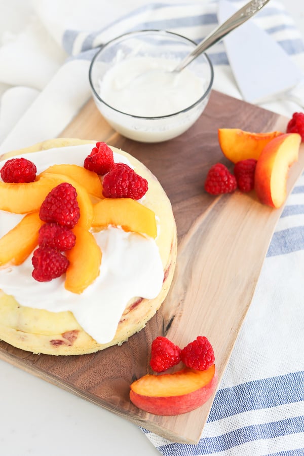 Raspberry Peach Breakfast Cake on cutting board