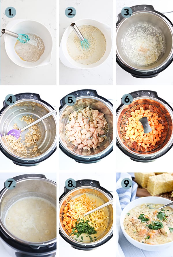 Step by step collage of how to make corn chowder in the Instant Pot
