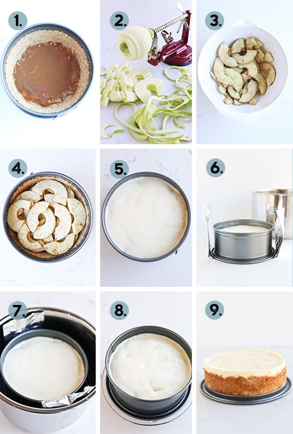 step by step collage on how to make instant pot caramel apple cheesecake