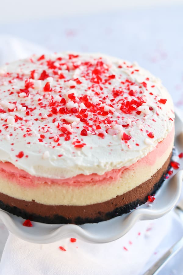 peppermint cheesecake on a white plate