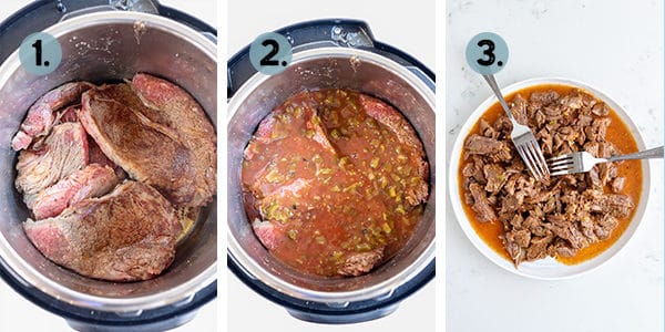 step by step collage of how to make shredded beef in the Instant Pot