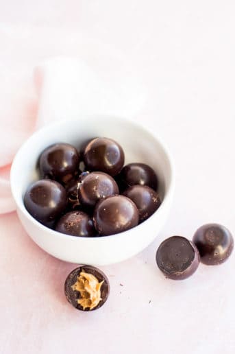 Dark chocolates in a white bowl