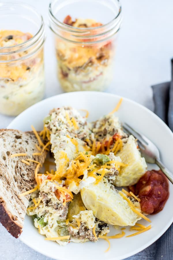 Healthy Instant Pot Breakfast on a plate with bread. 