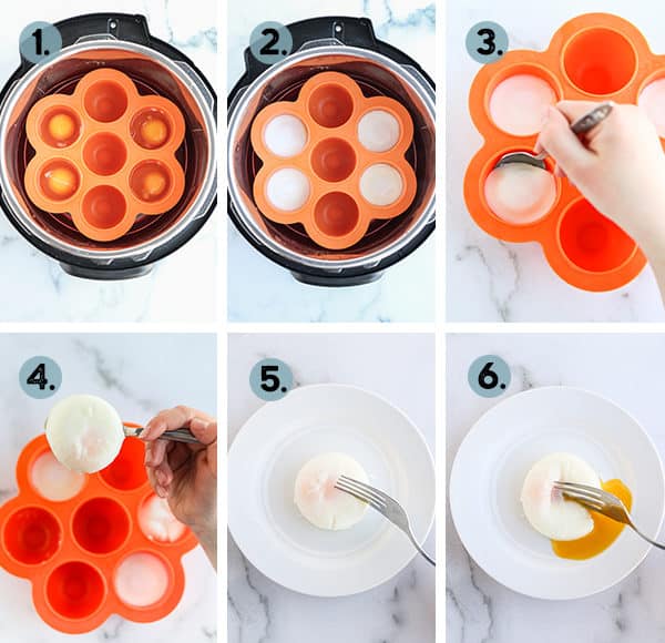 Step by step collage of how to make a poached egg in the instant pot