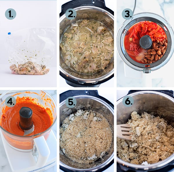 Step by step collage of how to make quinoa and chicken bowl