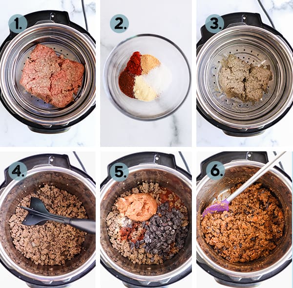 step by step collage of how to make taco meat in the instant pot