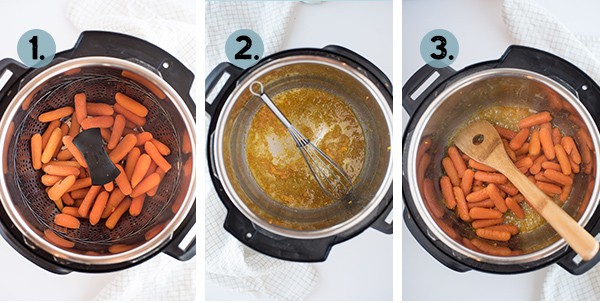 step by step collage for how to make honey glazed carrots in the instant pot