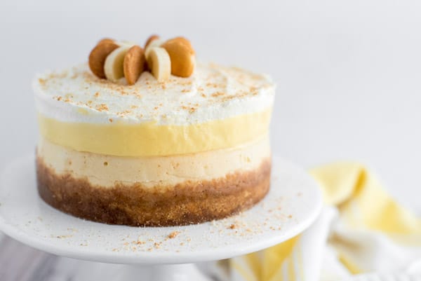 Banana cream pie cheesecake on a white platter