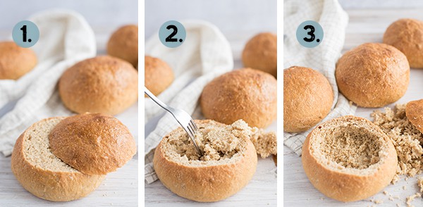 collage of how to prepare a bread bowl for soup