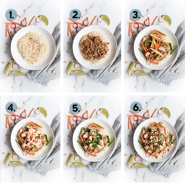 step by step collage on how to build a bahn mi bowl