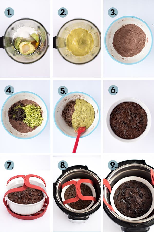 step by step collage of how to make chocolate zucchini cake in the instant pot