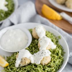 Instant Pot Chicken Ricotta Meatballs and Green Rice with Lemon Pickle Sauce