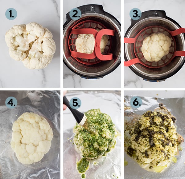 step by step collage of how to make a whole roasted cauliflower in an instant pot
