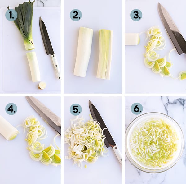 step by step collage of how to cut leeks