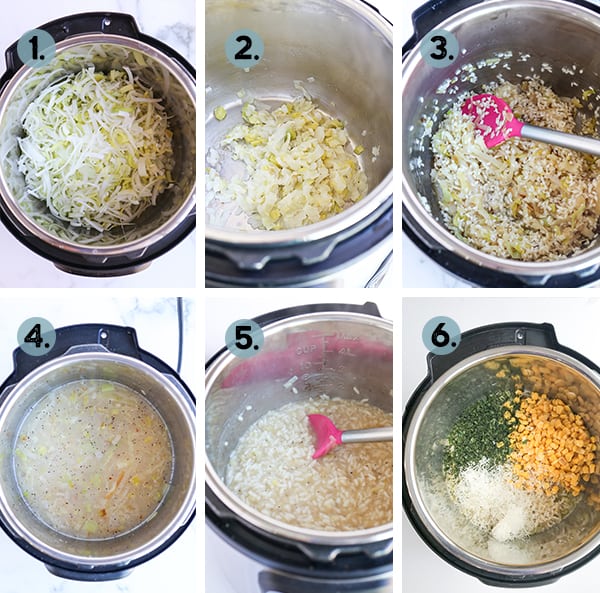 step by step collage of how to make corn risotto in the instant pot