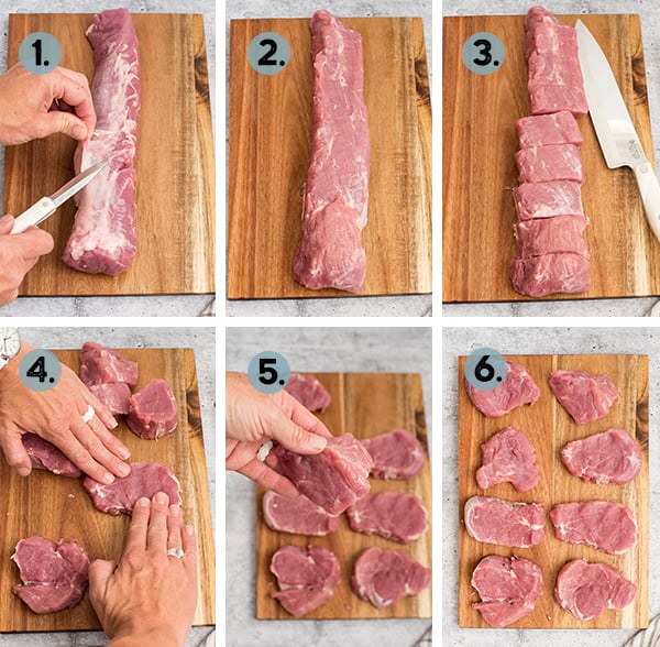 step by step collage of how to cut pork into medallions