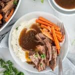 Pot roast and carrots with mashed potatoes