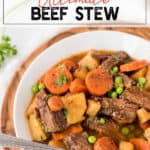 Bowl of beef stew with carrots, peas and onions in a white bowl
