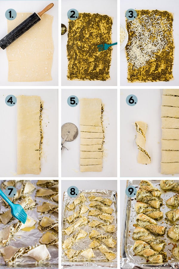 step by step collage of how to make cheesy pesto breadsticks