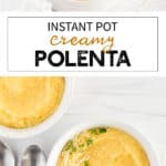 Creamy polenta in a white bowl garnished with herbs and cheese