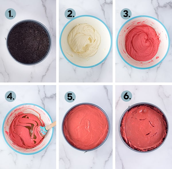 step by step collage of how to make a red velvet cheesecake in the Instant Pot