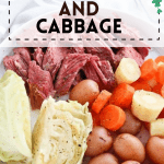 Corned beef served on a white plate with cabbage, carrots, potatoes and parsnips.