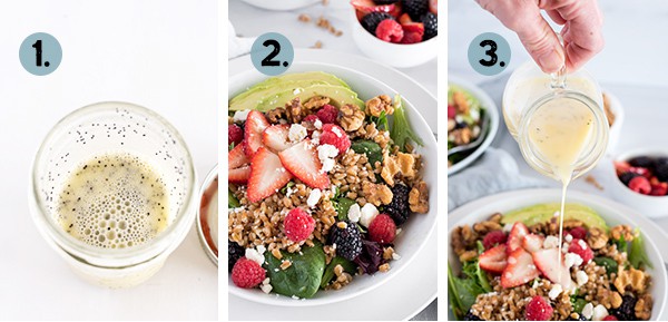 step by step collage of how to make a spinach salad with raspberries, strawberries, blackberries, avocado, and walnuts