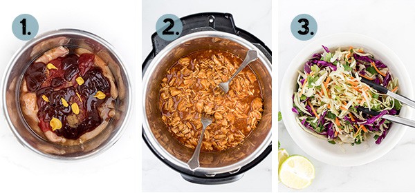 step by step collage of how to make BBQ Pulled Chicken in the Instant Pot