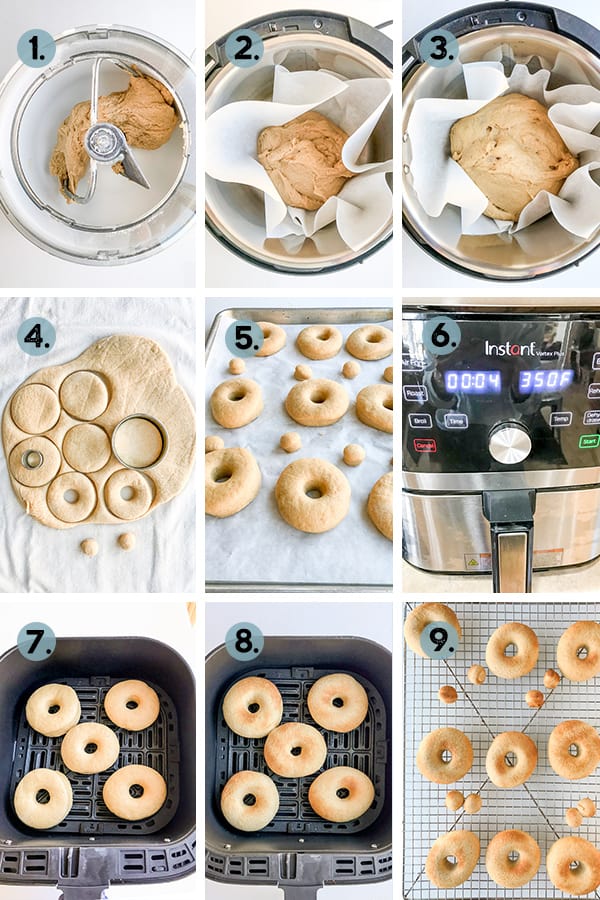 step by step collage of how to make bagels in the air fryer