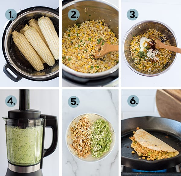 step by step collage of how to make street corn quesadillas in the Instant Pot