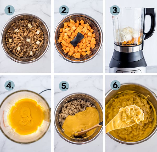 step by step collage of how to make butternut squash mac and cheese