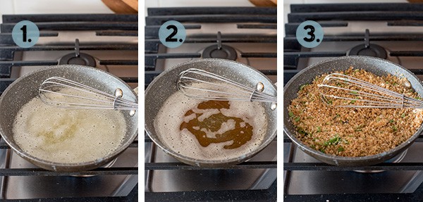 step by step collage of how to make brown butter breadcrumbs