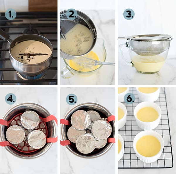 step by step collage of how to make creme brulee in the Instant Pot