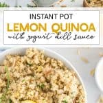 white bowl with quinoa, lemon, and herbs with a spoon