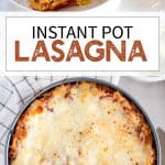 cheesy lasagna in a pan on top of a striped towel