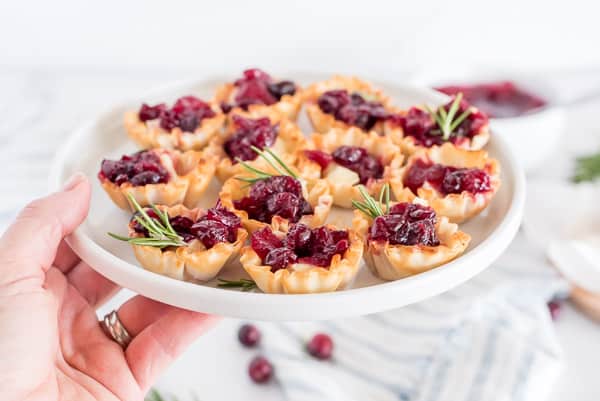 red cranberry apple brie bites on a white plate