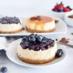 mini cheesecakes with blueberry, chocolate and caramel pecan toppings
